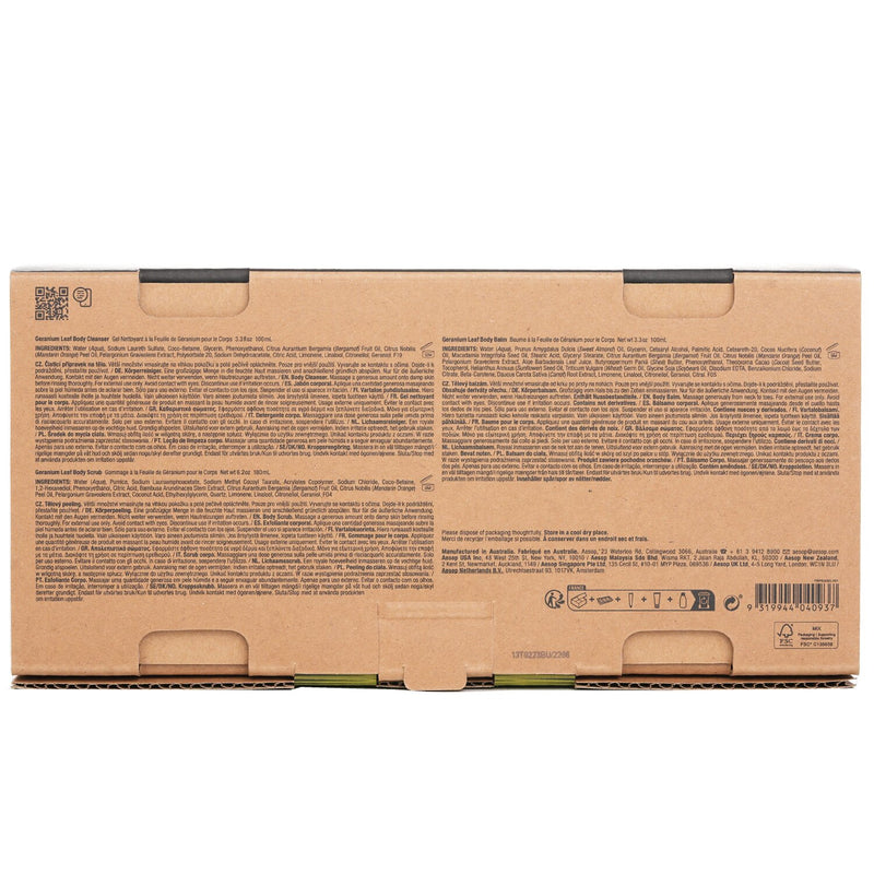 イソップ  Rousing Rhythms Set: Geranium Leaf Body Cleanser 100ml+Geranium Leaf Body Balm 100ml+Geranium Leaf Body Scrub 180ml   3pcs + bag