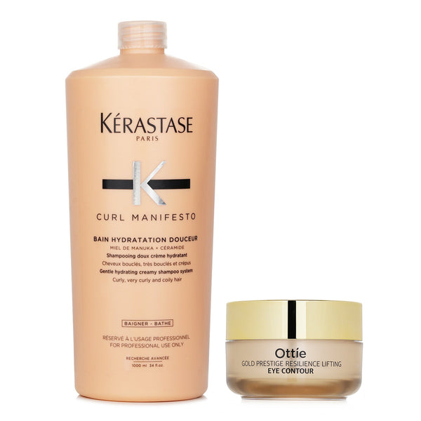 ケラスターゼ  Kerastase Curl Manifesto Bain Hydratation Douceur Shampoo Gentle Creamy Shampoo - For Curly, Very Curly &amp; Coily Hair (Salon Size) 1000ml X Ottie Gold Prestige Resilience Lifting Eye Contour 30ml   2pcs