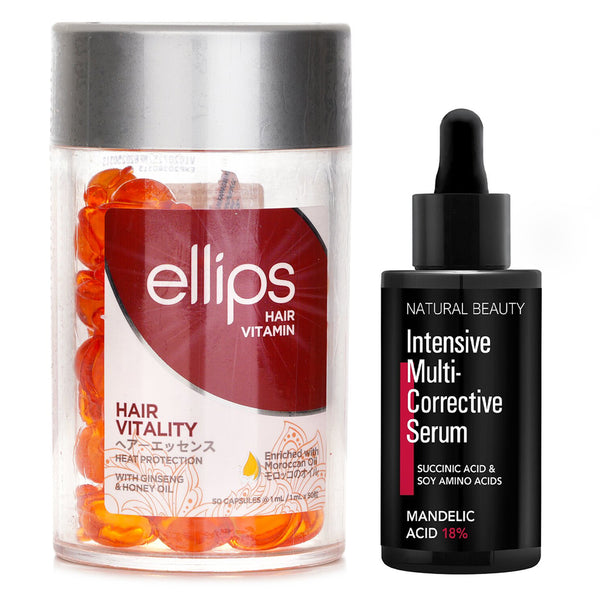 エリップス  Ellips Hair Vitamin Oil - Hair Vitality 50capsules x1ml X Natural Beauty Intensive Multi-Corrective Serum - Mandelic Acid 18% (Exp Date: 12/2025) 35ml   2pcs