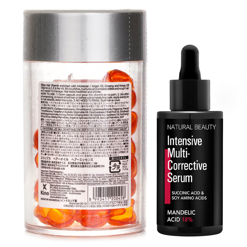 エリップス  Ellips Hair Vitamin Oil - Hair Vitality 50capsules x1ml X Natural Beauty Intensive Multi-Corrective Serum - Mandelic Acid 18% (Exp Date: 12/2025) 35ml   2pcs