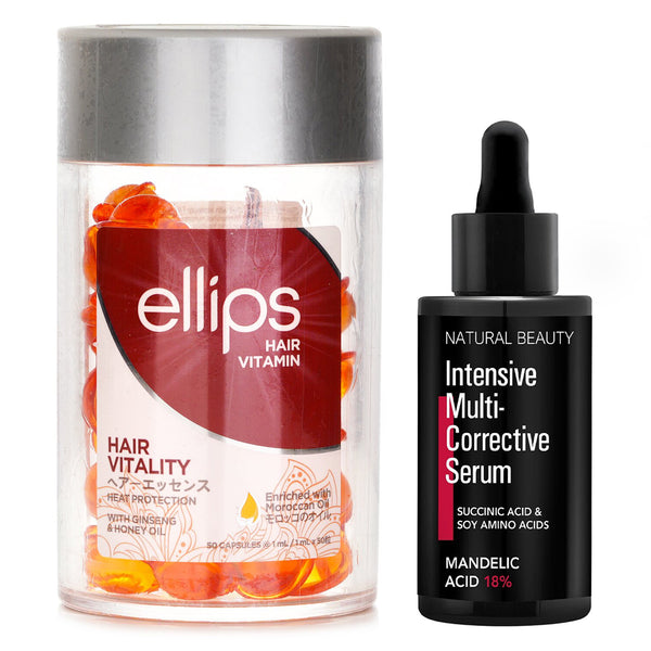 エリップス  Ellips Hair Vitamin Oil - Hair Vitality 50capsules x1ml X Natural Beauty Intensive Multi-Corrective Serum - Mandelic Acid 18% (Exp Date: 12/2025) 35ml   2pcs