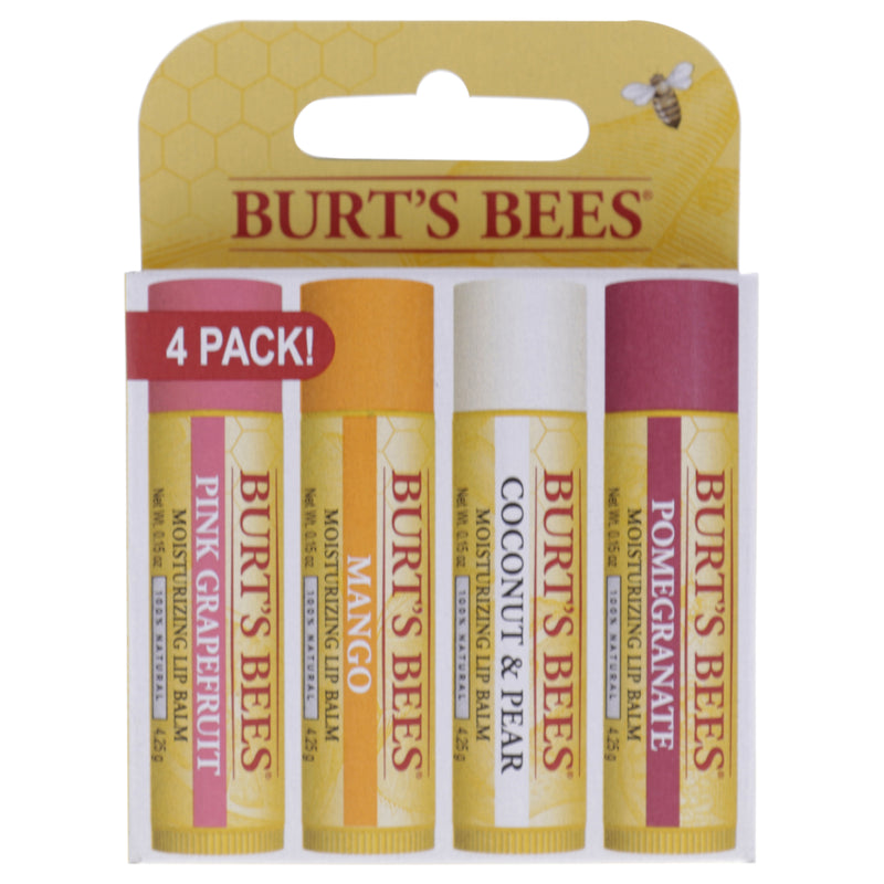 Burt's Bees Superfruit Moisturizing Lip Balm Pack by Burts Bees for Unisex - 4 Pc 0.15oz Pomegranate Lip Balm, 0.15oz Coconut and Pear Lip Balm, 0.15oz Mango Lip Balm, 0.15oz Pink Grapefruit Lip Balm