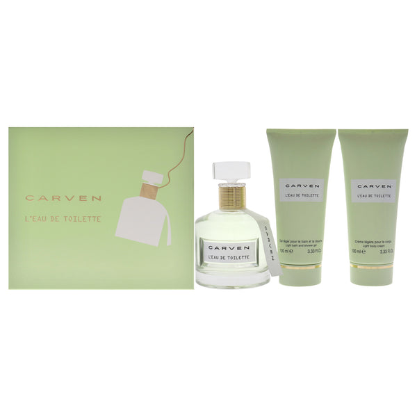 Carven LEau De Toilette by Carven for Women - 3 Pc Gift Set 3.33oz EDT Spray, 3.33oz Light Body Cream, 3.33oz Ligth Bath and Shower Gel