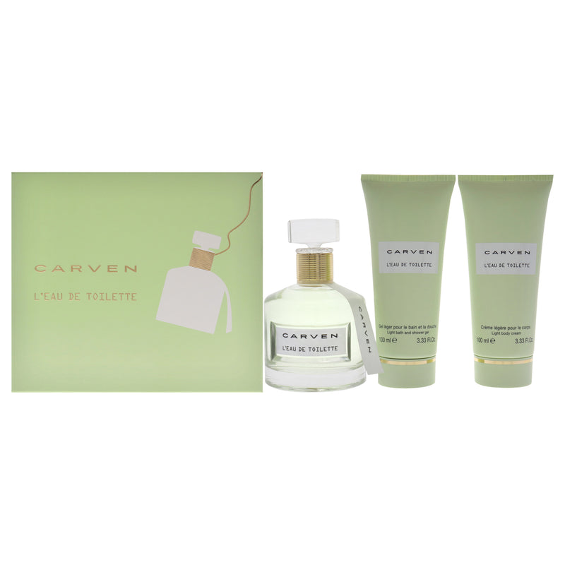 Carven LEau De Toilette by Carven for Women - 3 Pc Gift Set 3.33oz EDT Spray, 3.33oz Light Body Cream, 3.33oz Ligth Bath and Shower Gel