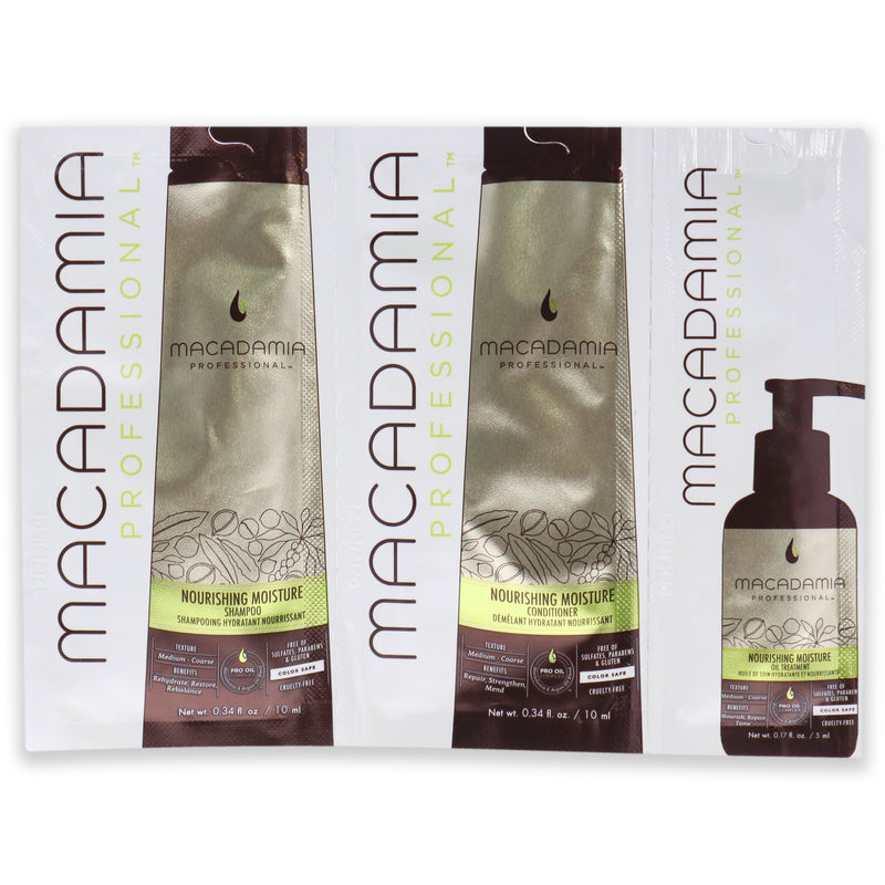 Macadamia Natural Oil Professional Nourishing Moisture Set by Macadamia Oil for Unisex - 3 Pc Kit 0.34oz Shampoo, 0.34oz Conditioner, 0.17oz Oil Treatment