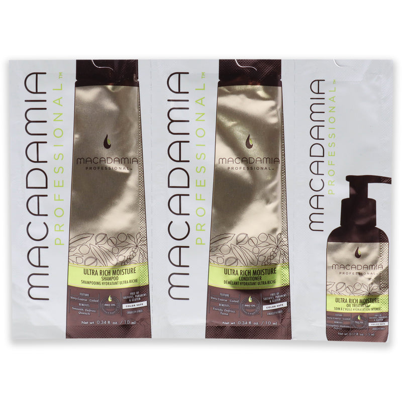 Macadamia Natural Oil Professional Ultra Rich Moisture Set by Macadamia Oil for Unisex - 3 Pc Kit 0.34oz Shampoo, 0.34oz Conditioner, 0.17oz Oil Treatment