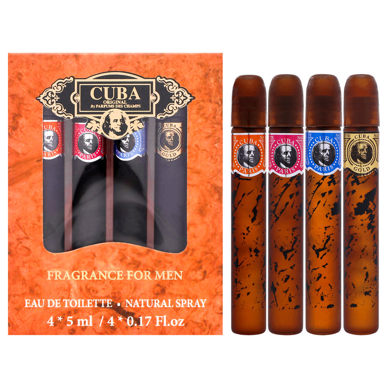 Cuba Cuba by Cuba for Men - 4 Pc Mini Gift Set 0.17oz Cuba Gold EDT Splash (Mini), 0.17oz Cuba Red EDT Splash (Mini), 0.17oz Cuba Blue EDT Splash (Mini), 0.17oz Cuba Orange EDT Splash (Mini)