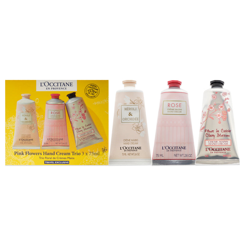 L'Occitane Pink Flowers Hand Cream Trio by LOccitane for Unisex - 3 x 2.6 oz Neroli and Orchidee Hand Cream, Rose Hand Cream, Cherry Blossom Hand Cream