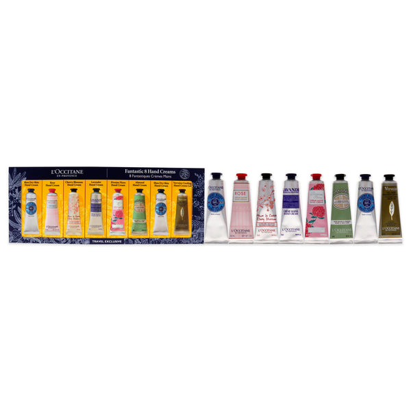 L'Occitane Fantastic 8 Hand Creams Kit by LOccitane for Unisex - 8 x 1 oz Shea Dry Skin, Rose, Cherry Blossom, Lavender, Pivoine Flora, Almond, Verveine Cooling Hand Cream Gel