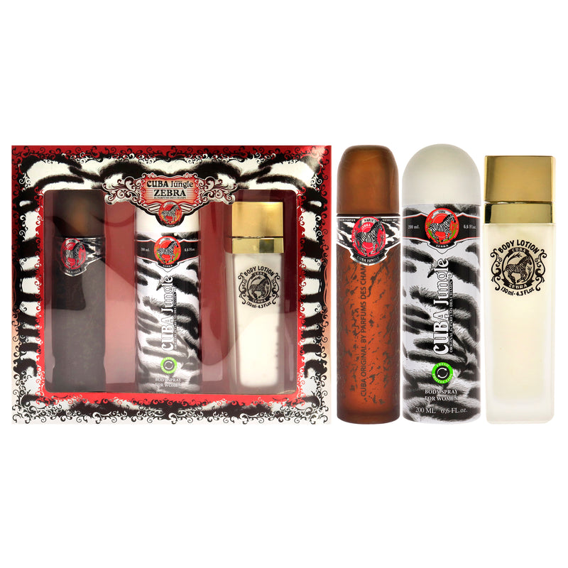 Cuba Cuba Jungle Zebra by Cuba for Women - 3 Pc Gift Set 3.3oz EDP Spray, 6.7oz Deodorant Body Spray, 4.3oz Body Lotion