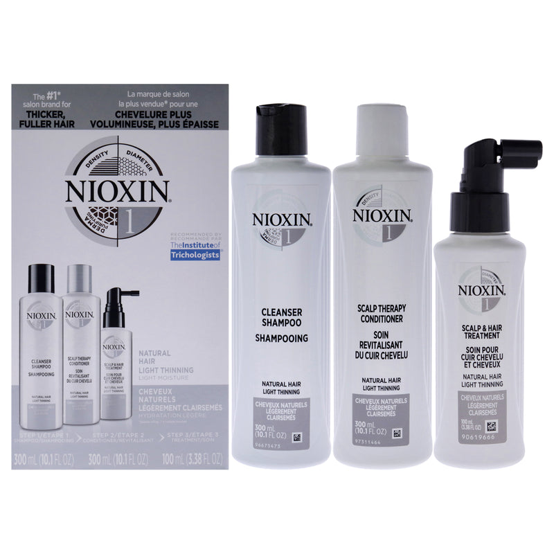 Nioxin System 1 Kit by Nioxin for Unisex - 3 Pc 10.1oz Cleanser Shampoo, 10.1oz Scalp Therapy Conditioner, 3.38oz Scalp and Hair Treatment