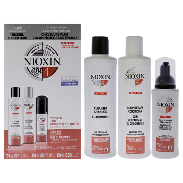 Nioxin System 4 Kit by Nioxin for Unisex - 3 Pc 10.1oz Color Safe Cleanser Shampoo, 10.1 oz Color Safe Scalp Therapy Conditioner, 1Liter Color Safe Scalp and Hair Treatment