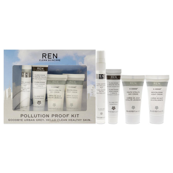 Ren Pollution Proof Kit by REN for Unisex - 4 Pc 0.5oz Flash Rinse 1 Minute Facial, 0.5oz V-Cense Youth Vitality Day Cream,0.5oz V-Cense Revitalising Night Cream, 0.30oz Flash Defense Anti-Pollution Mist