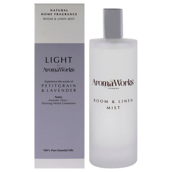 Aromaworks Light Room and Linen Mist - Petitgrain and Lavender by Aromaworks for Unisex - 3.4 oz Room Spray