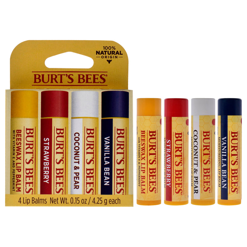 Burt's Bees Best Of Burts Moisturizing Lip Balm Set by Burts Bees for Unisex - 4 Pc 0.15oz Lip Balm Beeswax, 0.15oz Lip Balm Strawberry, 0.15oz Lip Balm Coconut and Pear, 0.15oz Lip Balm Vanilla Bean