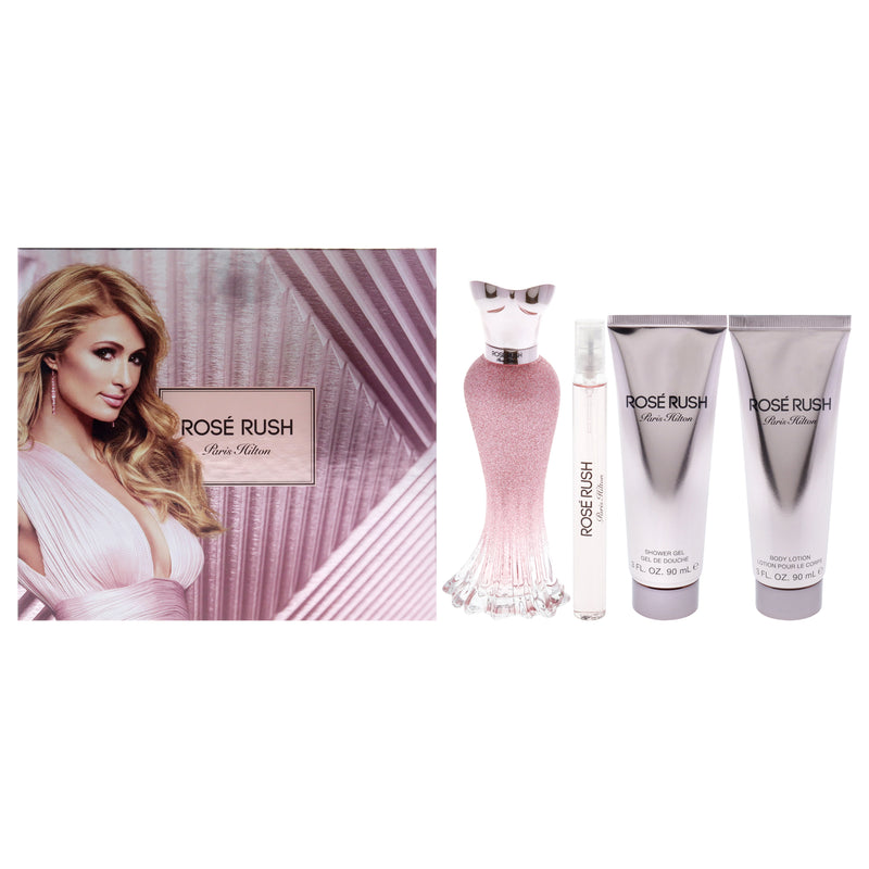 Paris Hilton Rose Rush by Paris Hilton for Women - 4 Pc Gift Set 3.4oz EDP Spray, 0.34oz EDP Spray, 3.0oz Body Lotion, 3.0oz Shower Gel