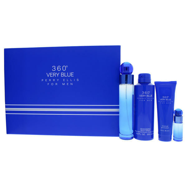 Perry Ellis 360 Very Blue by Perry Ellis for Men - 4 Pc Gift Set 3.4oz EDT Spray, 7.5ml EDT Spray, 6.8oz Body Spray, 3oz Shower Gel