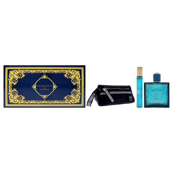 Versace Versace Eros by Versace for Men - 3 Pc Gift Set 3.4oz EDT Spray, 10ml EDT Spray, Blue Trousse