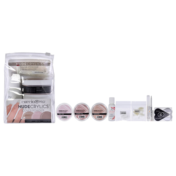 Cuccio Pro Nudecrylics Cover Powder Kit by Cuccio Pro for Women - 9 Pc 3 x 1.6oz Nudecrylics Color Powders - Dolll Tan, Sunkissed, Cooper Tan, 0.07oz Primer Pen, 0.07oz Instant Nail Glue, 2oz Ultra Clear Monomer, 20 High C Curve Tips Assorted, 20 Ultra We