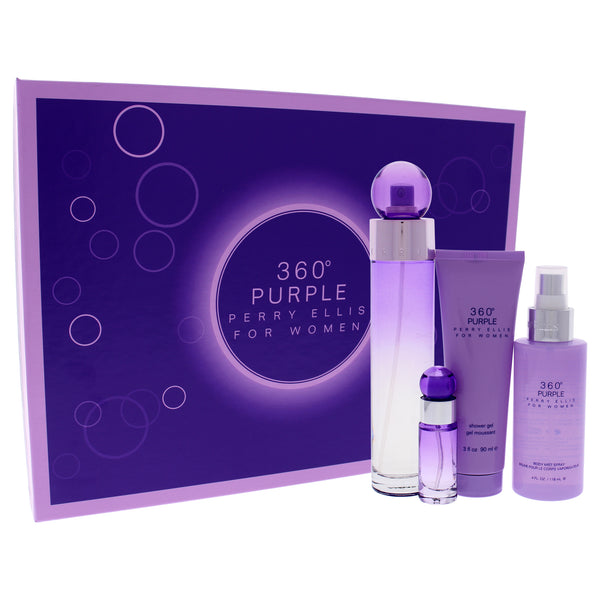 Perry Ellis 360 Purple by Perry Ellis for Women - 4 Pc Gift Set 3.4oz EDP Spray, 0.25oz EDP Spray, 4oz Body Mist, 3oz Shower Gel
