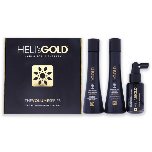 Helis Gold The Volume Series Travel Kit by Helis Gold for Unisex - 3 Pc 3.3oz Weightless Conditioner, 3.3oz Volumize Shampoo, 1.7oz Antidote Scalp and Hair Revitalizer