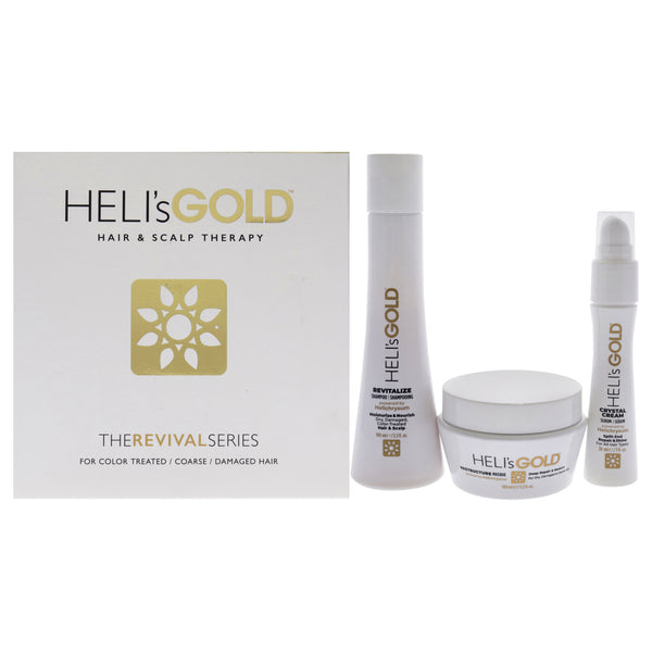 Helis Gold The Revival Series Travel Kit by Helis Gold for Unisex - 3 Pc 3.3oz Revitalize Shampoo, 3.3oz Restructure Masque, 1oz Crystal Cream