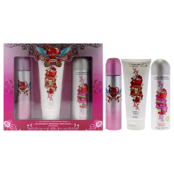Cuba Cuba Heartbreaker by Cuba for Women - 3 Pc Gift Set 3.3oz EDP Spray, 6.7oz Body Spray, 6.6oz Body Lotion
