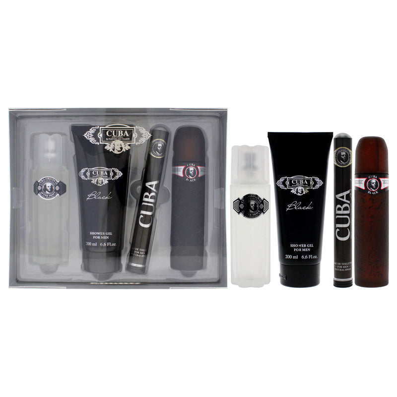 Cuba Cuba Black by Cuba for Men - 4 Pc Gift Set 3.3oz EDT Spray, 1.7oz EDT Spray, 3.3oz After Shave, 6.7oz Shower Gel