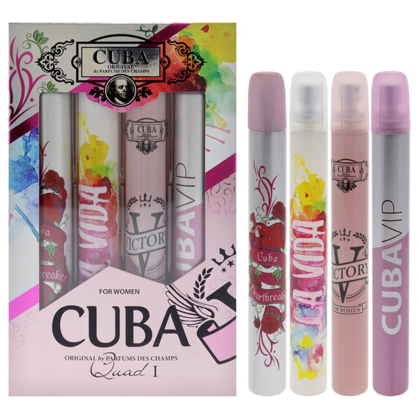 Cuba Cuba Quad I by Cuba for Women - 4 Pc Gift Set 1.17oz Cuba Heartbreak EDP Spray, 1.17oz Cuba La Vida EDP Spray, 1.17oz Cuba Victory EDP Spray, 1.17oz Cuba VIP EDP Spray