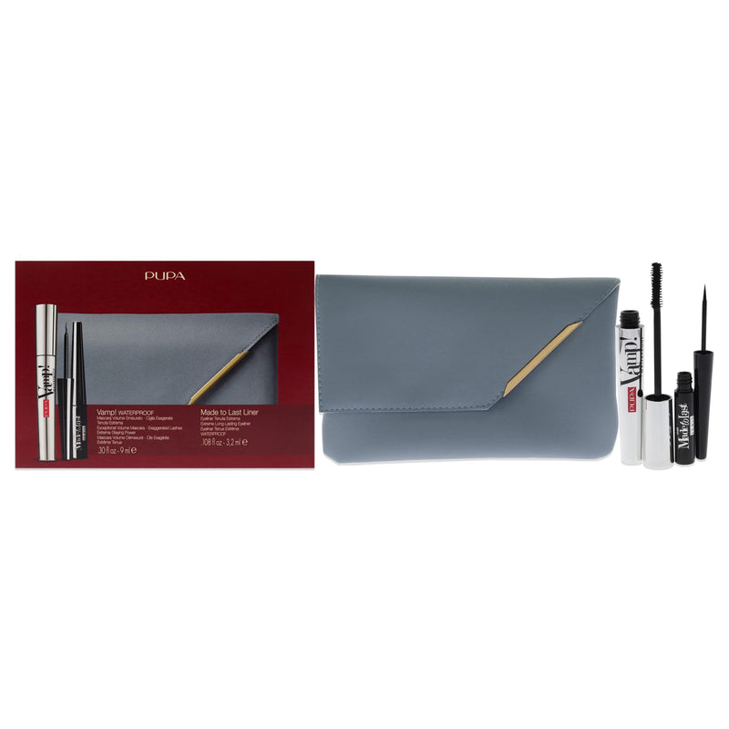 Pupa Milano Vamp! Mascara Waterproof and Made to Last Liner Set by Pupa Milano for Women - 3 Pc 0.30oz Vamp! Mascara Waterproof - 001 Black, 0.108oz Made to Last Liner - 001 Black, Handy Bag