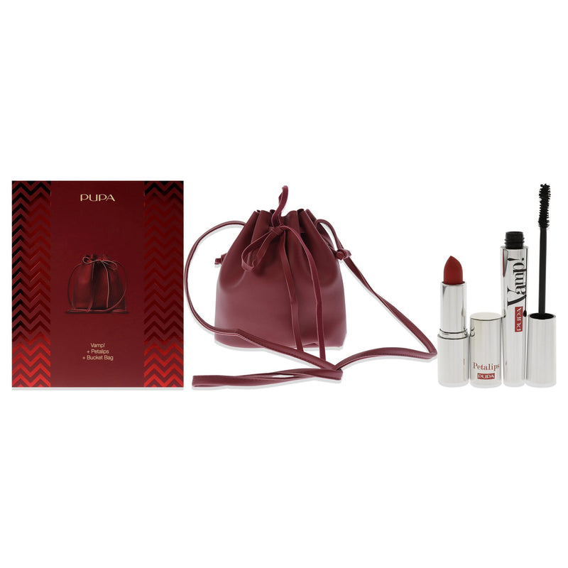 Pupa Milano Vamp! Mascara and Petalips Set by Pupa Milano for Women - 3 Pc 0.32oz Vamp! Mascara - 100 Black, 0.123oz Lipstick - 015, Bucket Bag