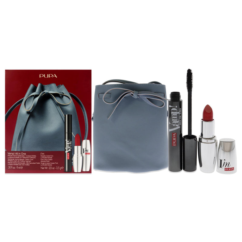 Pupa Milano Vamp! All In One and I Am Set by Pupa Milano for Women - 3 Pc 0.30oz amp! All In One Mascara - 101 Black, 0.123oz Lipstick - 303, Bucket Bag