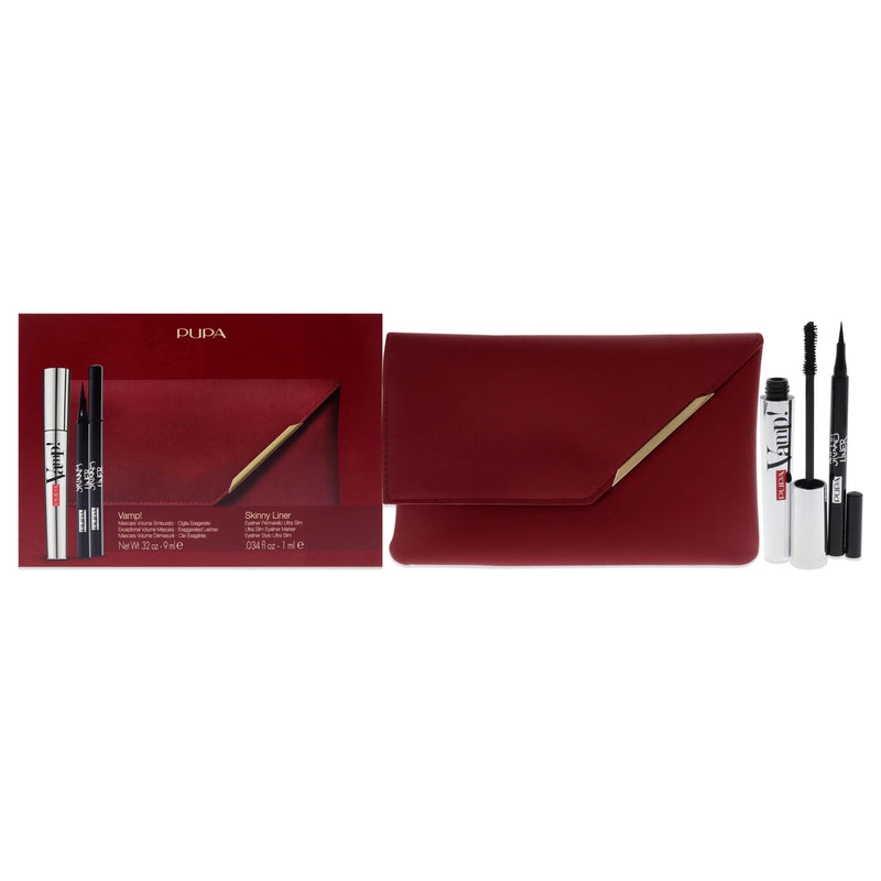 Pupa Milano Vamp! and Skinny Liner Set by Pupa Milano for Women - 3 Pc 0.32oz Vamp! Mascara - 100 Black, 0.034oz Skinny Liner, Handy Bag