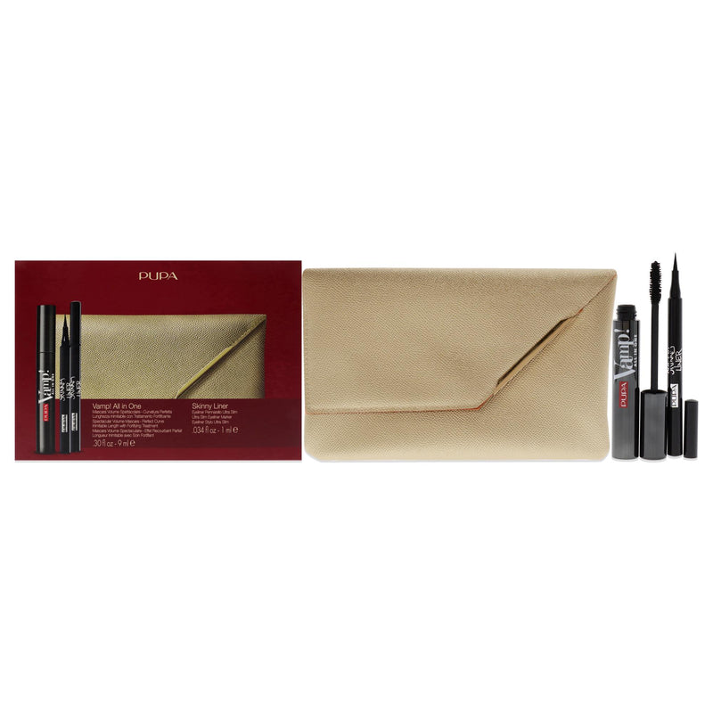 Pupa Milano Vamp! All in One and Skinny Liner Set by Pupa Milano for Women - 3 Pc 0.30oz Vamp! All in One Mascara - 101 Black, 0.034oz Skinny Liner, Handy Bag