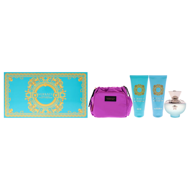 Versace Dylan Turquoise by Versace for Women - 4 Pc Gift Set 3.4oz EDT Spray, 3.4oz Perfumed Body Gel, 3.4oz Perfumed Bath and Shower Gel, Pouch