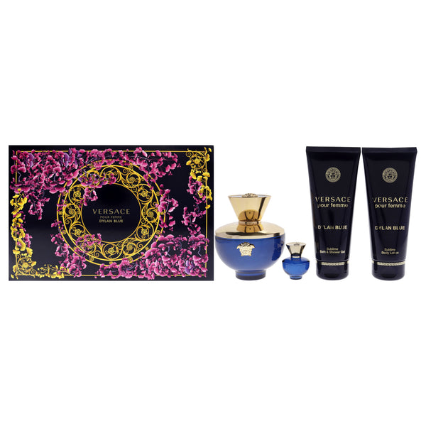 Versace Dylan Blue by Versace for Women - 4 Pc Gift Set 3.4oz EDP Spray, 0.17oz EDP Spray (Mini), 3.4oz Body Lotion, 3.4oz Bath and Shower Gel