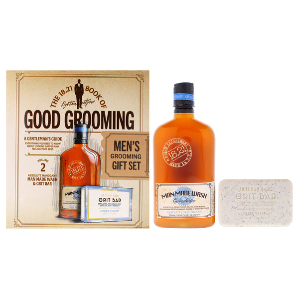 18.21 Man Made Book of Good Grooming Volume 2 Set - Absolute Mahogany by 18.21 Man Made for Men - 2 Pc 18oz Man Made Wash 3-In-1 Shampoo, Conditioner and Body Wash, 7oz Grit Bar