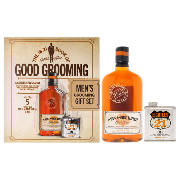 18.21 Man Made Book of Good Grooming Volume 5 Set - Noble Oud by 18.21 Man Made for Men - 2 Pc 18oz Man Made Wash 3-In-1 Shampoo, Conditioner and Body Wash, 2oz Oil