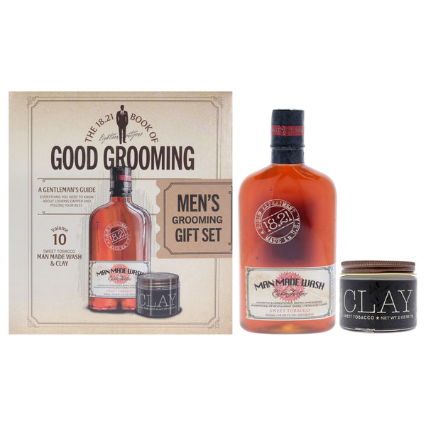18.21 Man Made Book of Good Grooming Volume 10 Set - Sweet Tobacco by 18.21 Man Made for Men - 2 Pc 18oz Man Made Wash 3-In-1 Shampoo, Conditioner and Body Wash, 2oz Clay