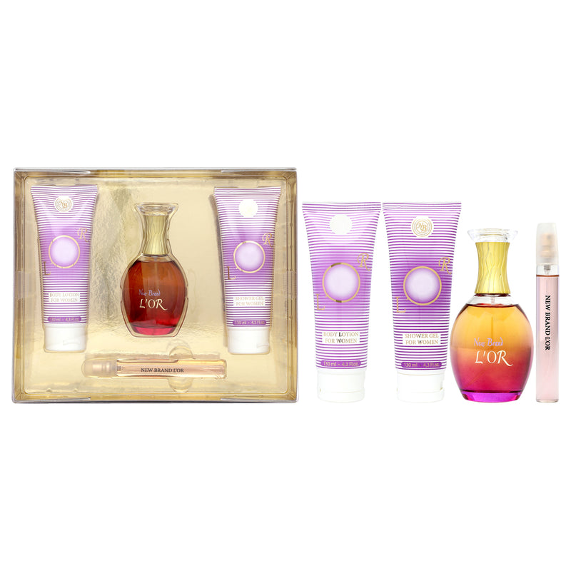 New Brand Lor by New Brand for Women - 4 Pc Gift Set 3.3oz EDP Spray, 0.5oz EDP Spray, 4.3oz Shower Gel, 4.3oz Body Lotion