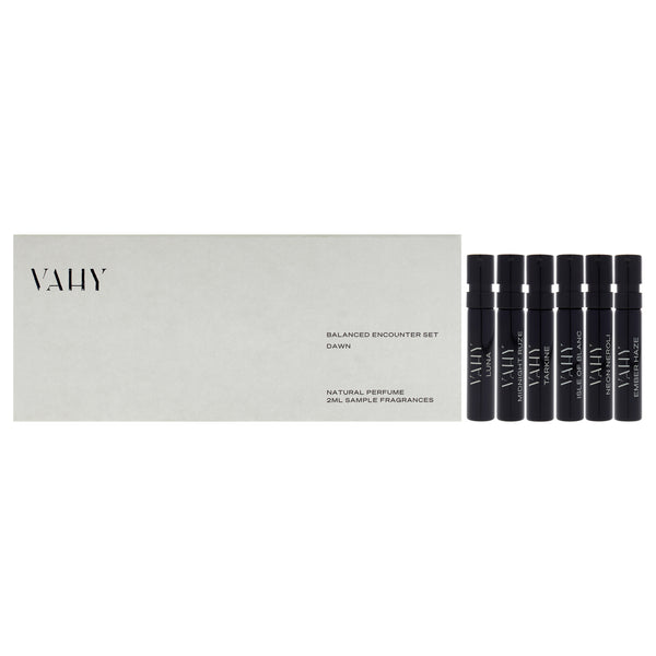 Vahy Balanced Encounter Set Dawn by Vahy for Unisex - 6 Pc 0.06oz Ember Haze EDP Spray Vial , 0.06oz Neon Neroli EDP Spray Vial , 0.06oz Isle Of Blanc EDP Spray Vial , 0.06oz Tarkine EDP Spray Vial , 0.06oz Midnight Ruze EDP Spray Vial , 0.06oz Luna EDP S
