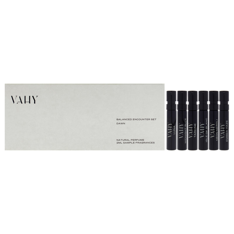 Vahy Balanced Encounter Set Dawn by Vahy for Unisex - 6 Pc 0.06oz Ember Haze EDP Spray Vial , 0.06oz Neon Neroli EDP Spray Vial , 0.06oz Isle Of Blanc EDP Spray Vial , 0.06oz Tarkine EDP Spray Vial , 0.06oz Midnight Ruze EDP Spray Vial , 0.06oz Luna EDP S