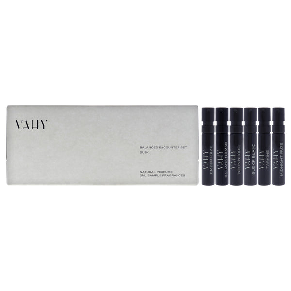 Vahy Balanced Encounter Set - Dusk by Vahy for Unisex - 6 Pc 0.06oz Ember Haze EDP Spray Vial , 0.06oz Neon Neroli EDP Spray Vial , 0.06oz Isle Of Blanc EDP Spray Vial , 0.06oz Tarkine EDP Spray Vial , 0.06oz Midnight Ruze EDP Spray Vial , 0.06oz Sahara N