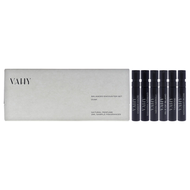 Vahy Balanced Encounter Set - Dusk by Vahy for Unisex - 6 Pc 0.06oz Ember Haze EDP Spray Vial , 0.06oz Neon Neroli EDP Spray Vial , 0.06oz Isle Of Blanc EDP Spray Vial , 0.06oz Tarkine EDP Spray Vial , 0.06oz Midnight Ruze EDP Spray Vial , 0.06oz Sahara N