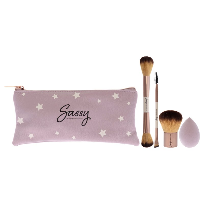 Sassy by Savannah Chrisley Sassy Brush Kit by Savannah Chrisley for Women - 5 Pc Multi-Purpose Fase Brush - F04, Kabuki Brush - F05, Precision Eye and Brow Brush - E04, Blending Sponge, Bag