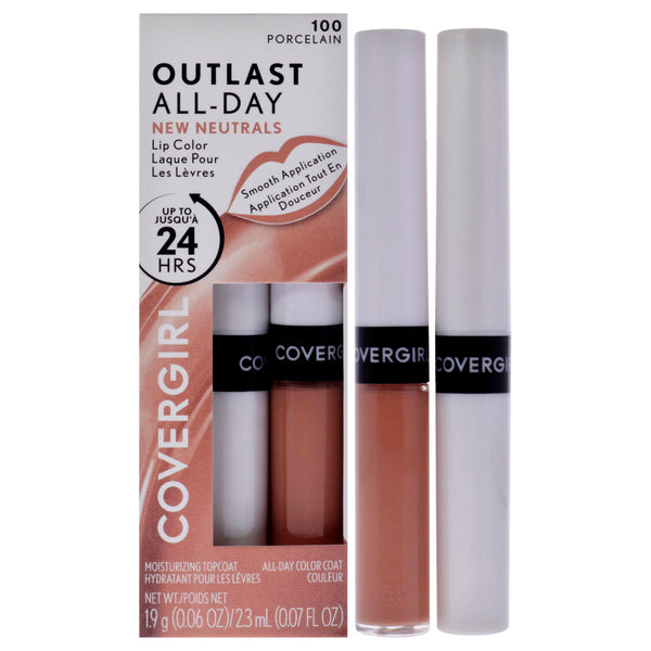 Covergirl Outlast All-Day Lip Color - 100 Porcelain by CoverGirl for Women - 2 Pc 0.06oz Moisturizing Top Coat, 0.07oz All-Day Color Coat