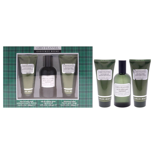 Geoffrey Beene Grey Flannel by Geoffrey Beene for Men - 3 Pc Gift Set 4oz EDT Spray, 3.4oz After Shave Balm, 3.4oz Hair and Body Wash