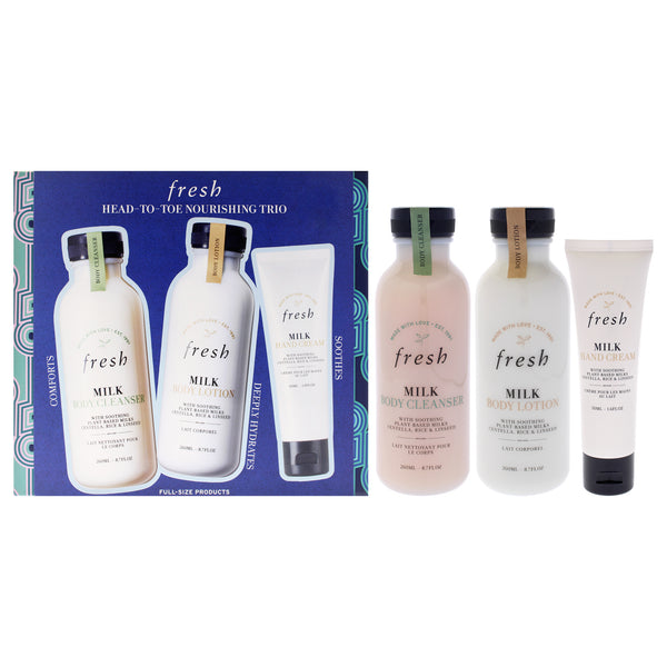Fresh Head to Toe Nourishing Trio by Fresh for Women - 3 Pc 8.7oz Body Cleanser - Milk, 8.7oz Body Lotion - Milk, 1.6oz Hand Cream - Milk