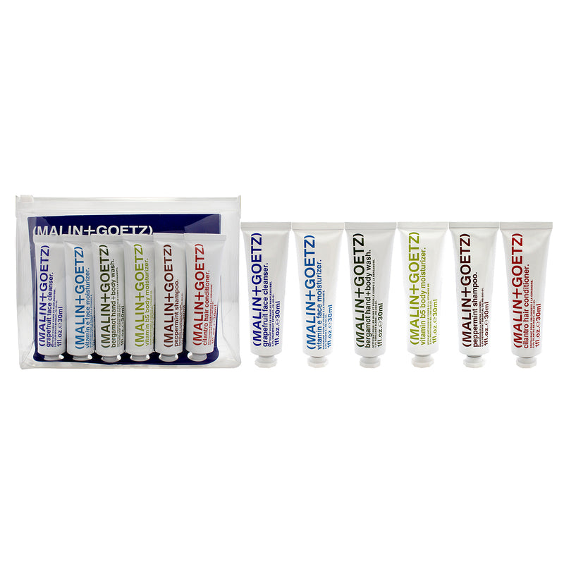 MALIN+GOETZ The Essentials Kit by Malin + Goetz for Unisex - 6 Pc 1oz Face Cleanser - Grapefruit, 1oz Vitamin E Face Moisturizer, 1oz Hand Plus Body Wash - Bergamot, 1oz Vitamin B5 Body Moisturizer, 1oz Shampoo - Peppermint, 1oz Conditioner - Cilantro