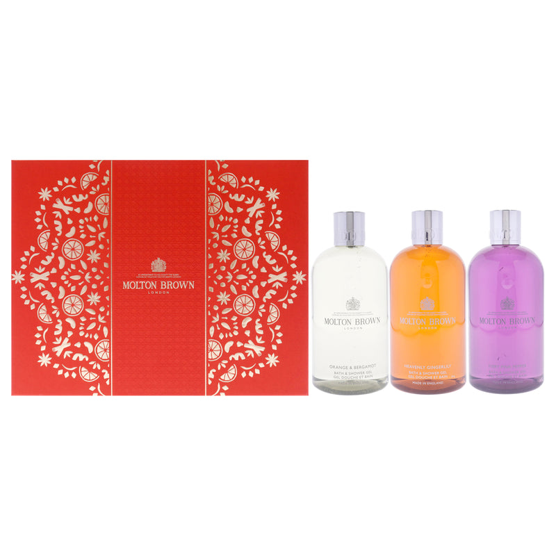 Molton Brown Floral and Spicy Body Care Collection Set by Molton Brown for Women - 3 Pc 10oz Orange and Bergamot Bath and Shower Gel, 10oz Heavenly and Gingerlily Bath and Shower Gel, 10oz Fiery Pink Pepper Bath and Shower Gel